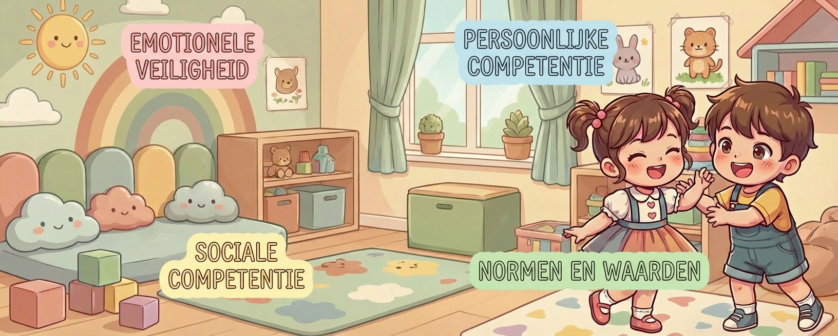 Illustratie van een kleurrijke peuter speelkamer met twee spelende kinderen. De tekstballonnen bevatten de woorden: 'Emotionele veiligheid', 'Persoonlijke competentie', 'Sociale competentie' en 'Normen en waarden'.