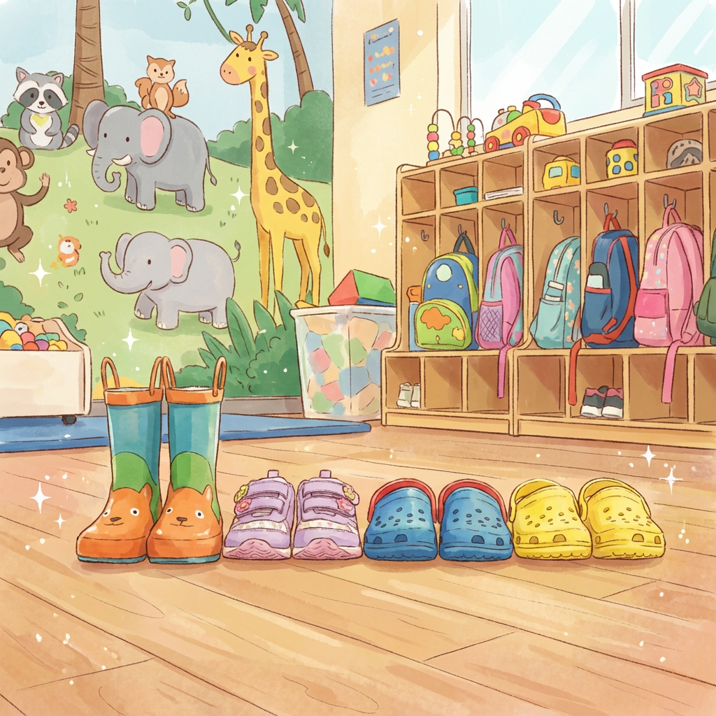 Four pairs of colorful children's shoes lined up on a wooden floor in a preschool.